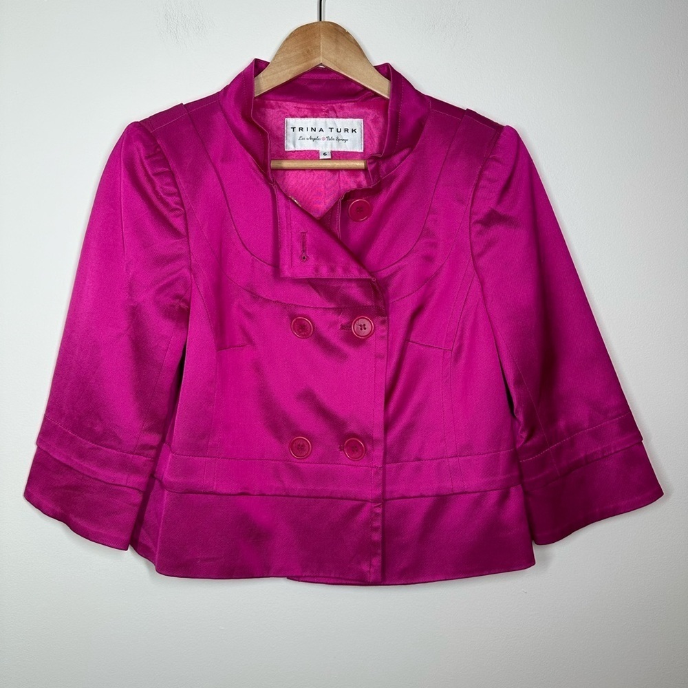 Trina Turk Shiny Hot Pink‎ Cropped Trench Blazer Size 6